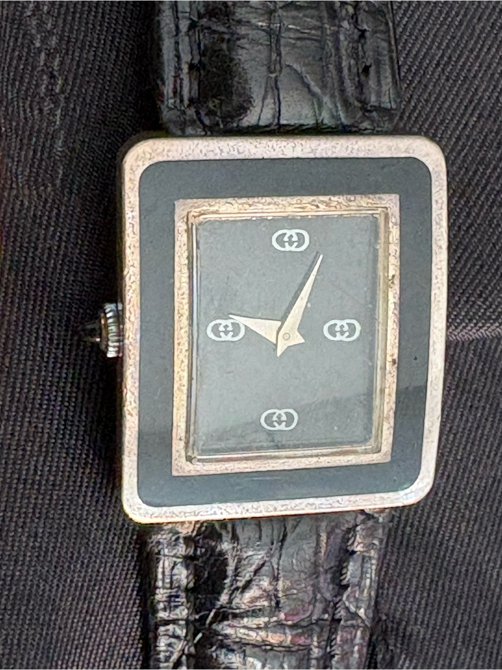 Gucci 1970 Black Square Dial Leather Strap Watch with Silver Accents